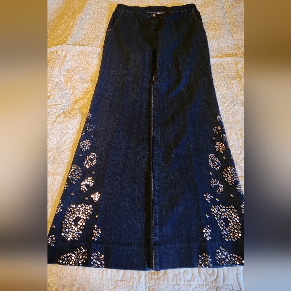 St John Couture Embellished Wide-Leg Denim Pants, Size 16